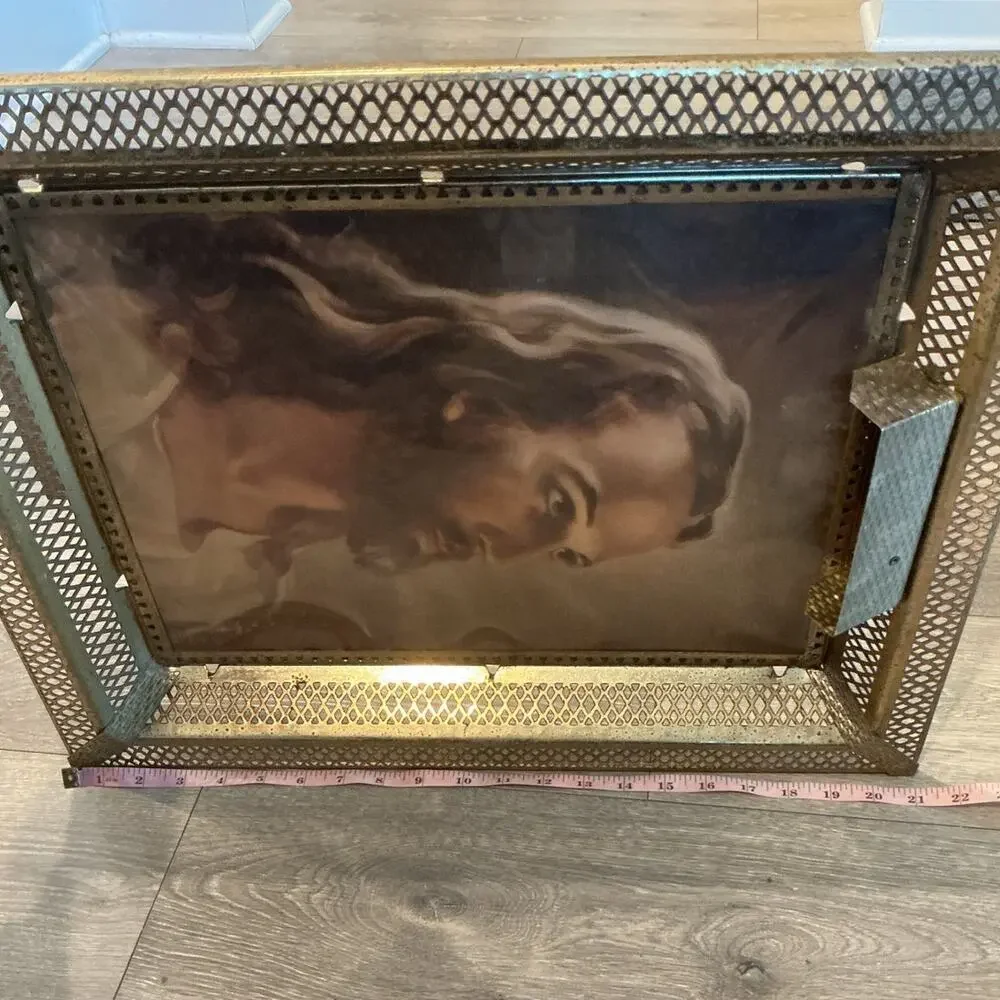 Vtg Jesus Lithograph Picture Brass Frame Warner Sallman MCM Midcentury Modern‎